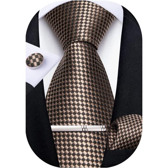 🆕Men Brown Plaid Silk Checkered Necktie Pocket Square Cufflinks Tie Clip Set